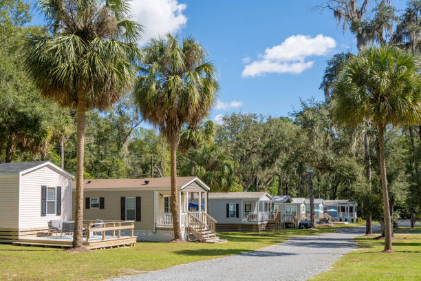 Florida mobile home park with palm trees.